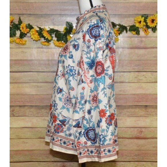 NWT Women M Tunic Blouse Shirt Colorful Peacock Print Loose Button Up Collarless - Picture 9 of 15